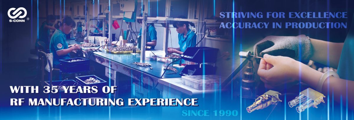A promotional composite image for S-CONN, with a blue technology-inspired filter. The left side shows multiple workers on a factory assembly line, while the right features text 'STRIVING FOR EXCELLENCE ACCURACY IN PRODUCTION', magnified details of a hand holding a small component, and two fine RF connector samples. Large text at the bottom reads 'WITH 35 YEARS OF RF MANUFACTURING EXPERIENCE SINCE 1990