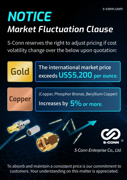 Notice of Market Price Update for S-Conn RF Connectors and Cable Assemblies (Gold and Copper)