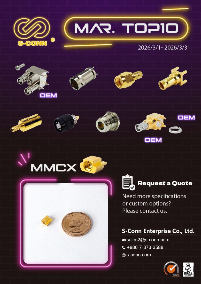 Image of S-Conn March Top 10 best-selling RF connectors, featuring custom OEM RF connectors and a precision MMCX micro connector shown next to a coin for size comparison.